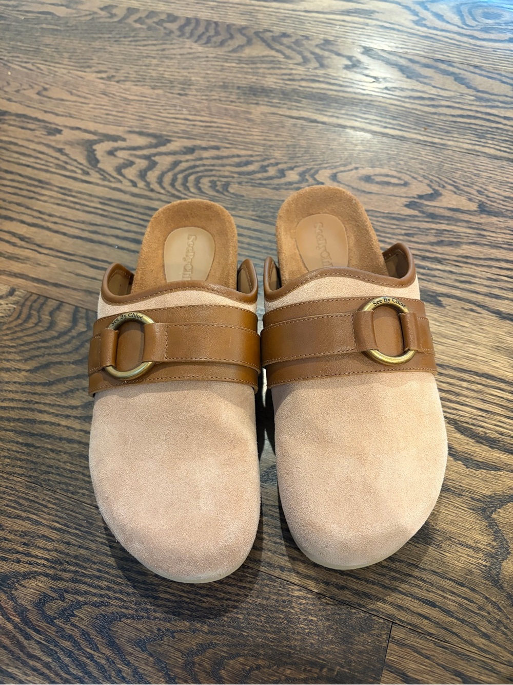 See By Chloe Blush Pink and Tan Suede Buckle Mules - NEVER WORN!